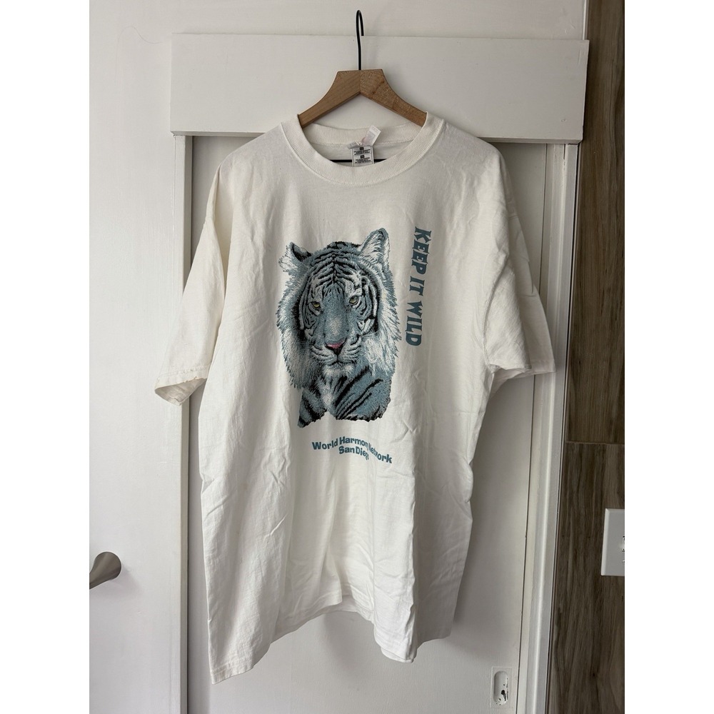 Fruit of the Loom Lofteez Tiger Graphic T-Shirt Mens XL White Preshrunk Y2K